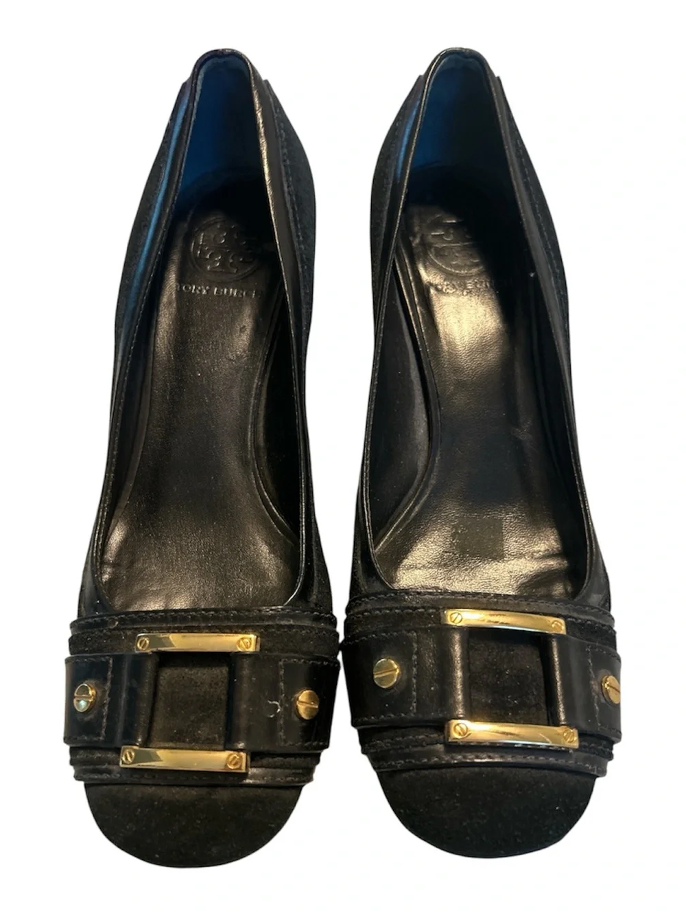 Tory Burch rounded toe, black suede, and leather pumps with gold accents 8.5M